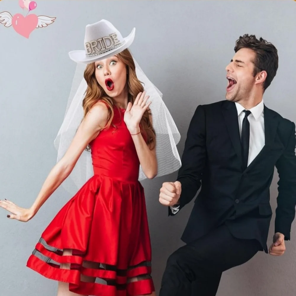 NEW 2 Pack White Bride Cowgirl Hat w/ Veil - Picture 9 of 13